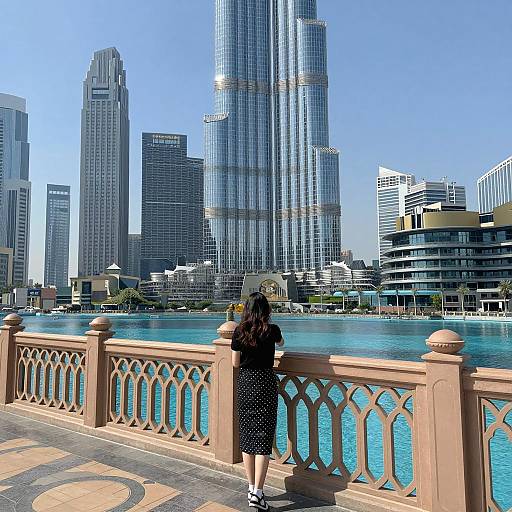 Woman overlooking Burj Khalifa Dubai lake