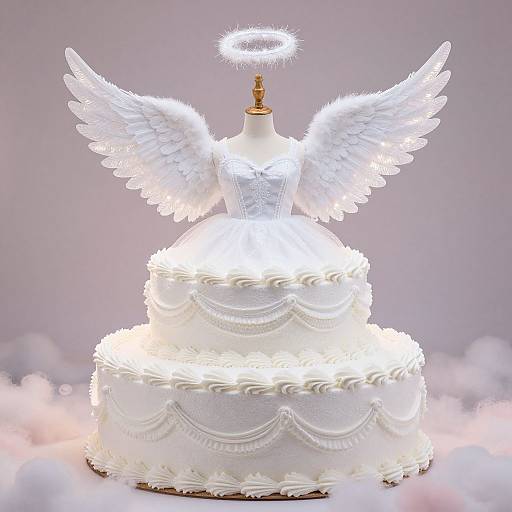 Glowing white angel-themed cake with feathered wings, halo, and pearl-embellished dress, set against a soft, misty background