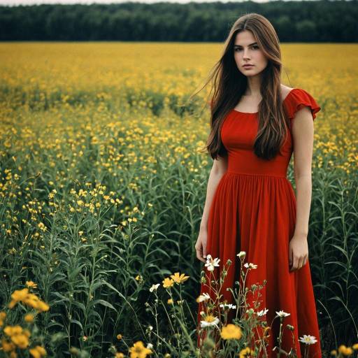 Woman in Red Dress Standing in Flower Field