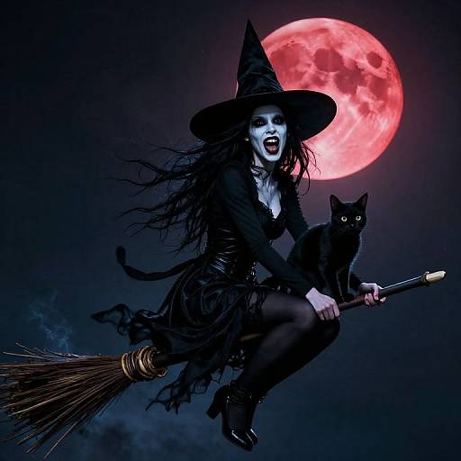 Digital artwork of a pale, blue-faced witch with long black hair, wearing a pointed hat and black dress, flying on a broomstick with a