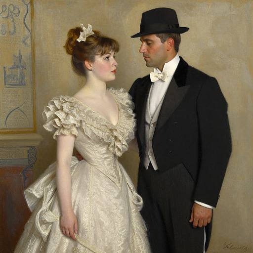 Digital painting of a Victorian-era couple; woman in a ruffled white dress, man in black tuxedo and bow tie, both gazing at