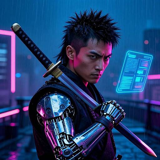 Cybernetic samurai with spiky hair, neon-lit cyberarm, and katana in rainy cityscape, glowing blue holographic interface