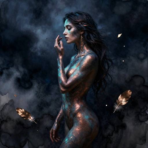 Ethereal Woman with Shimmering Body Paint and Feathers