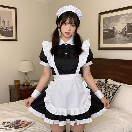 Woman in Maid Costume in Bedroom