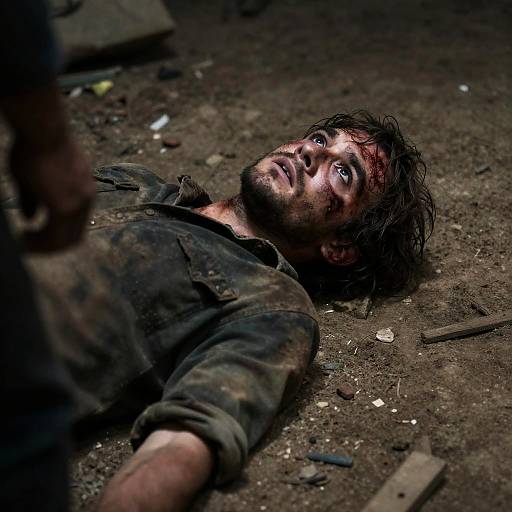 Intense Man in Gritty, Dusty Scene