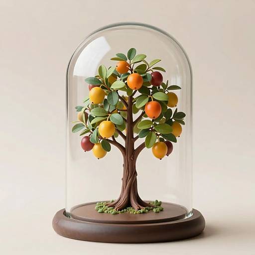 Photograph of a detailed, colorful, miniature orange tree with yellow, red, and green fruit, under a clear glass dome on a dark wooden base