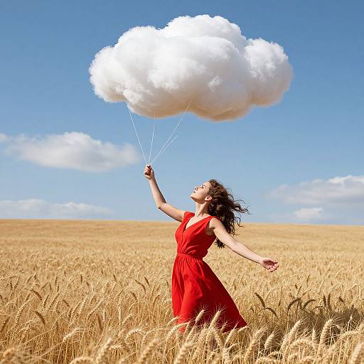 Photograph of a woman in a red dress holding a white cloud with strings, standing in a golden wheat field under a bright blue sky.