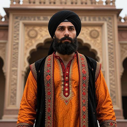 Photograph of a bearded Sikh man with a black turban, orange embroidered kurta, and black vest, standing in front of an ornate