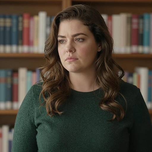 Elegant Woman in Sweater Among Books