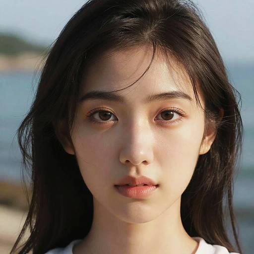 Photograph of an East Asian young woman with long black hair, fair skin, and soft brown eyes, standing outdoors against a blurred seaside background.