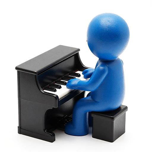 3D digital illustration of a blue, faceless, textured figure playing a black upright piano with a white background.
