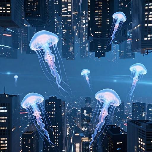 Digital artwork of glowing blue jellyfish floating above a dark, illuminated cityscape at night, with skyscrapers and neon lights.