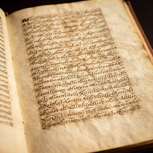 Close-up photograph of an aged, yellowed open book with black, cursive handwriting on antique, slightly worn paper. Warm, soft lighting highlights the