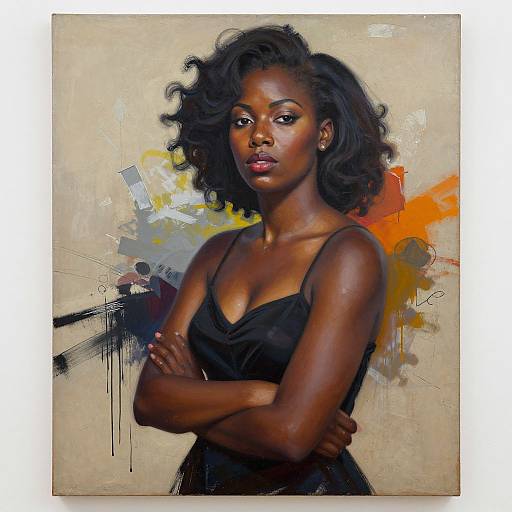 Digital portrait of a confident, dark-skinned black woman with curly hair, wearing a black dress, arms crossed, against a colorful abstract background.