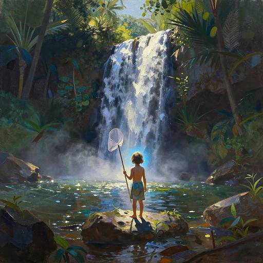 Tranquil Tropical Waterfall with Child