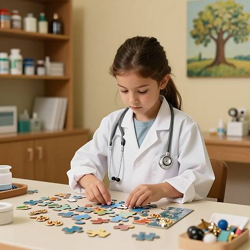 Photograph of a young female doctor with dark hair in a white lab coat, focused on assembling colorful puzzles in a bright office with shelves and medical supplies