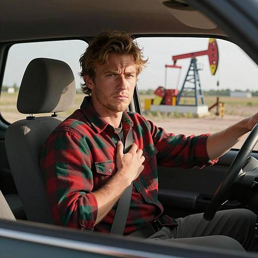 Man in Plaid Shirt in Black Vehicle