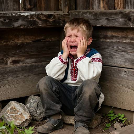 Photograph of a crying young boy in traditional Eastern European clothing, sitting against a weathered wooden fence with rocks below.