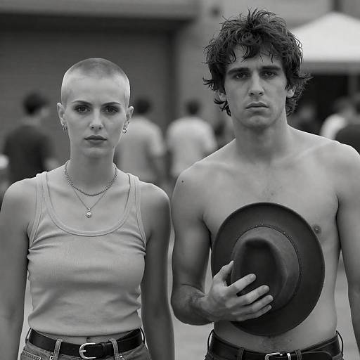 Black-and-White Duo: Shaved-Head Woman and Shirtless Man