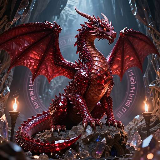 Digital art of a fierce, red-scaled dragon with glowing wings, sitting on rocky terrain surrounded by candles and ancient runes in a dimly lit cave