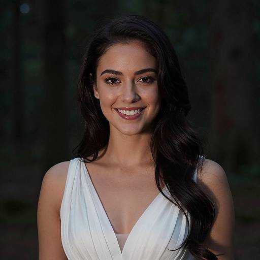 Beautiful Young Woman in White Gown Smiling Outdoors
