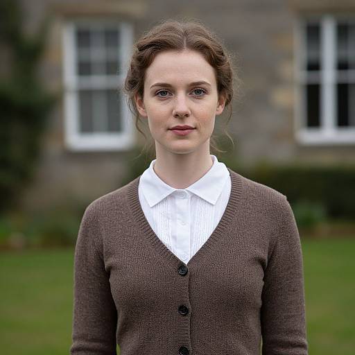 Photograph of a young white woman with fair skin, brown hair in a low bun, wearing a brown cardigan over a white shirt, standing in
