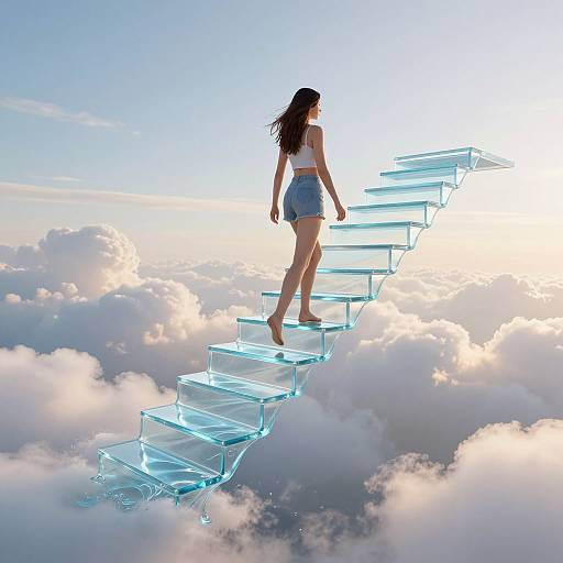 Photograph of a long-haired woman in a white crop top and denim shorts, stepping on glowing blue glass stairs through fluffy clouds, with a bright sun