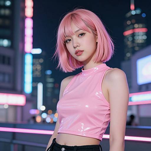 Photograph of an Asian woman with pink bob haircut, wearing a shiny pink crop top, standing in a neon-lit city night scene.