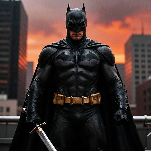 Muscular Hero in Rainy Cityscape