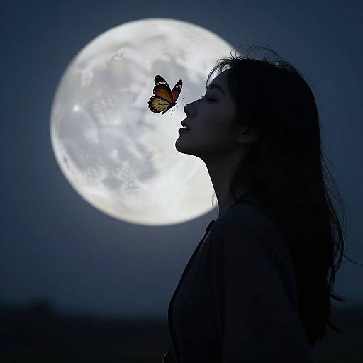 Silhouetted woman with long hair gazes at a butterfly near a bright full moon in a dark blue night sky.