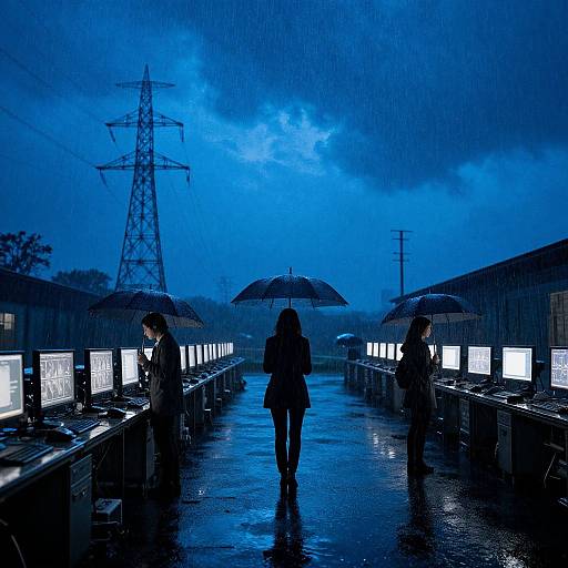Photograph of a rainy night at a computer lab, three people under umbrellas, blue-lit screens, tall power line tower in background.