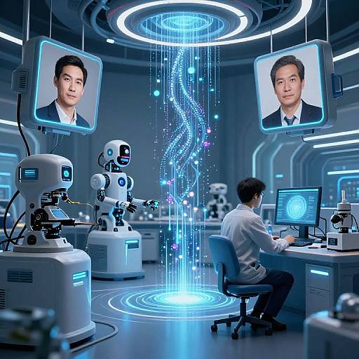 High-tech lab with glowing blue holograms of two men, robotic arms, and a seated programmer controlling a computer. Neon blue lights create a futuristic ambiance