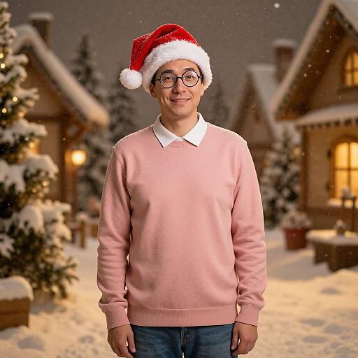 Photograph of a smiling man with glasses, pink sweater, and Santa hat, standing in a snow-covered, festive village at night.