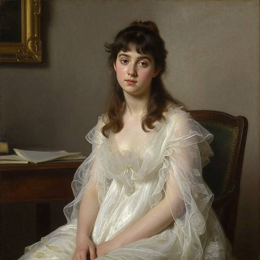 Oil painting of a young woman with fair skin and dark brown hair in a white, ruffled, Victorian dress, sitting in a dimly lit room