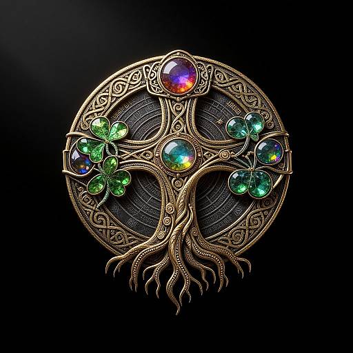 Digital artwork of a golden, Celtic-inspired tree pendant with colorful gemstones—purple, green, and blue—set against a black background.