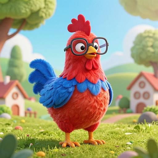 CGI cartoon chicken with red feathers, blue wings, large black glasses, standing on green grass, sunny village background, vibrant colors.