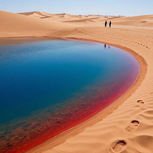 Photograph of a surreal desert oasis with a crescent-shaped, vibrant blue and red waterhole surrounded by sandy dunes, and two tiny silhou