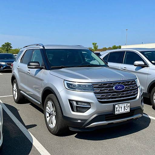 Photograph of a silver Ford Explorer SUV parked in a sunny, blue-sky parking lot, with other cars surrounding it.