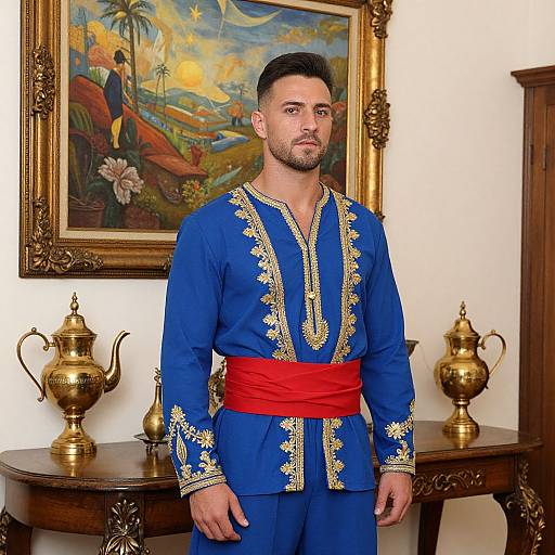 Man in Princely Blue Costume Indoors