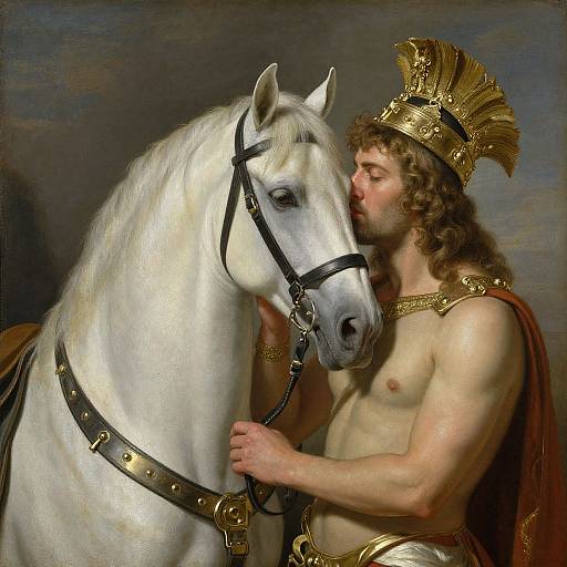 Classical painting of a muscular, curly-haired man in gold armor and crown, kissing a white horse's nose, against a dark background.