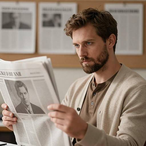 Intense Caucasian Man Reading Newspaper