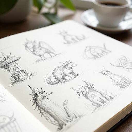 Photograph of a sketchbook with detailed black ink drawings of buildings and abstract shapes, placed on a wooden table with a blurred white cup in the background