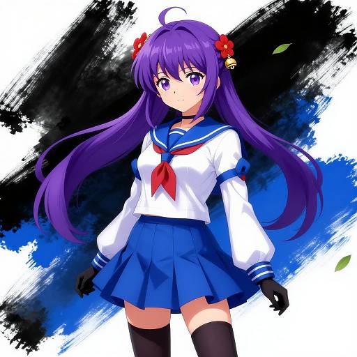 Anime-style digital drawing of a purple-haired girl in a blue sailor uniform with red bow, blue skirt, black gloves, and thigh-high stockings, set