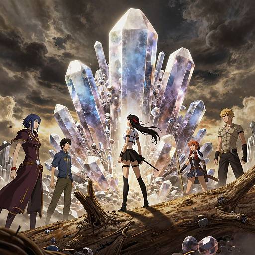 Digital anime artwork of five warriors standing on a rocky terrain before a radiant, crystal-filled, cloudy sky backdrop. Crystals glow intensely. Characters wear diverse