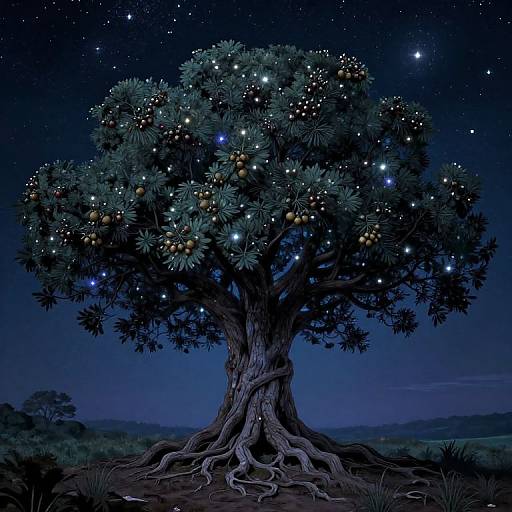 Digital artwork of a glowing, star-adorned tree with bright blue leaves and orange fruits, rooted in dark soil under a starry night sky.