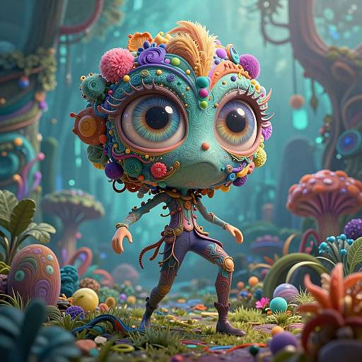Digital art of a whimsical, blue-green, giant-eyed creature adorned with colorful flowers, standing in a vibrant, fantastical forest filled with oversized mushrooms