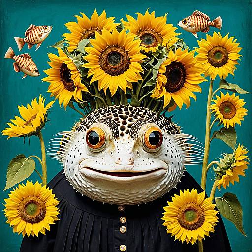 Humorous Professor Pufferfish Portrait with Sunflower Crown