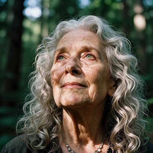 Photograph of an elderly woman with long, wavy white hair, green eyes, and wrinkled skin, looking upward in a sunlit forest.