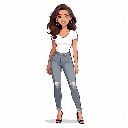 Digital illustration of a smiling woman with long dark hair, wearing a white V-neck shirt, blue ripped jeans, and black heels.