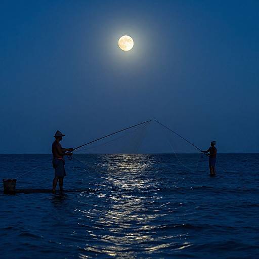 Dreamlike Fishermen Under Moonlight